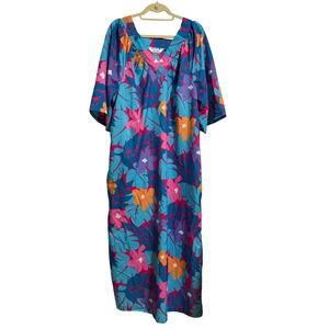 At HomeWear Vintage Tropical Floral Maxi Dress V-Neck Pockets Multicolor 2X USA
